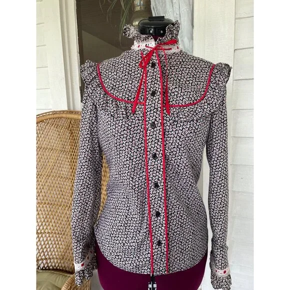 Vintage 1970s Floral Cotton Ruffle Western Shirt Black Red Size Small - Picture 1 of 11